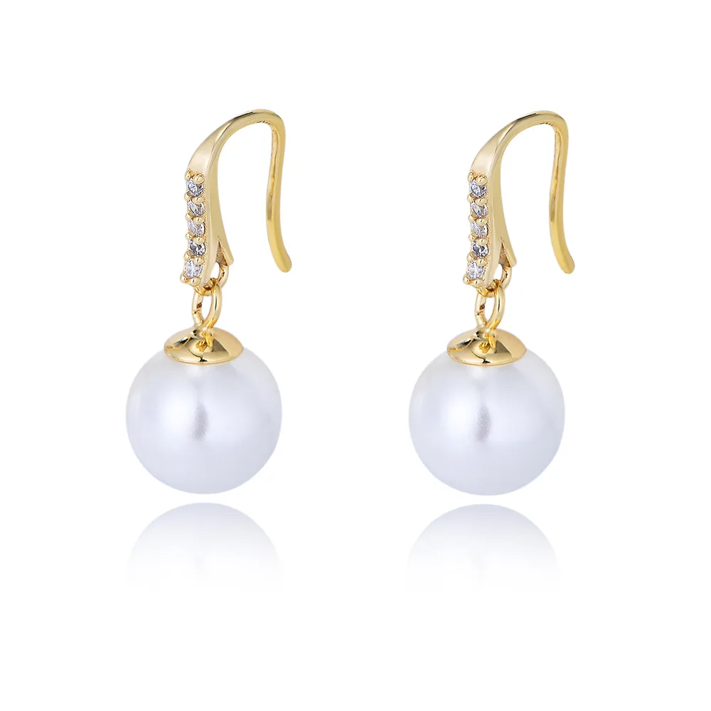 Gold hook earrings with round white pearls and CZ accents, timeless and refined 925 sterling silver jewelry.