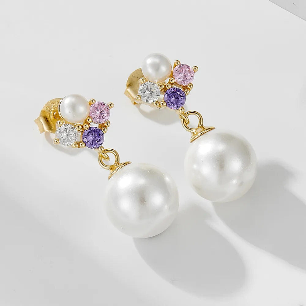 Gold pearl drop earrings with purple, pink, and white cubic zirconia gemstones, elegant 925 sterling silver jewelry.