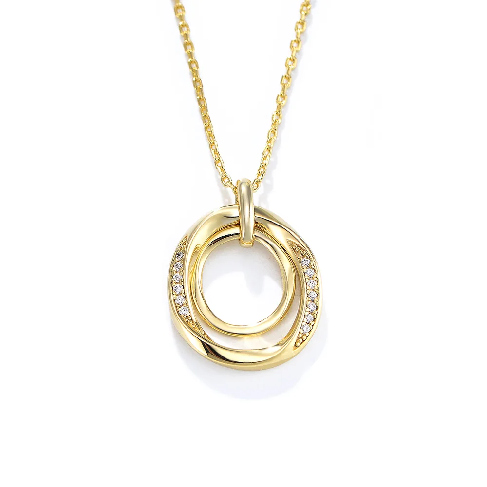Gold interlocking circle pendant necklace with cubic zirconia accents, modern minimalist jewelry handcrafted by Dorji Jewelry.