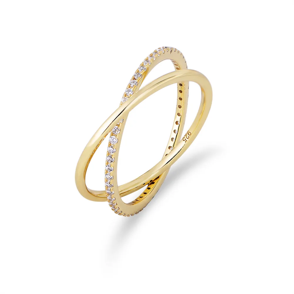 Elegant 925 sterling silver gold cross ring with pavé cubic zirconia, minimalist stacking band design.