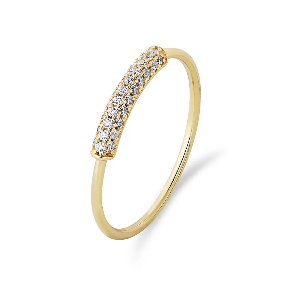 Slim gold pavé ring with cubic zirconia, elegant stacking band for minimalist jewelry collections.