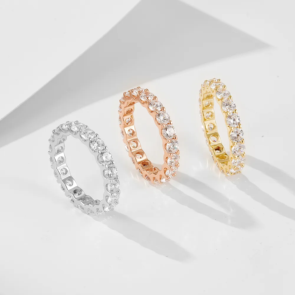 Full eternity CZ band rings in gold, rose gold, and silver, classic stackable jewelry handcrafted in 925 silver.