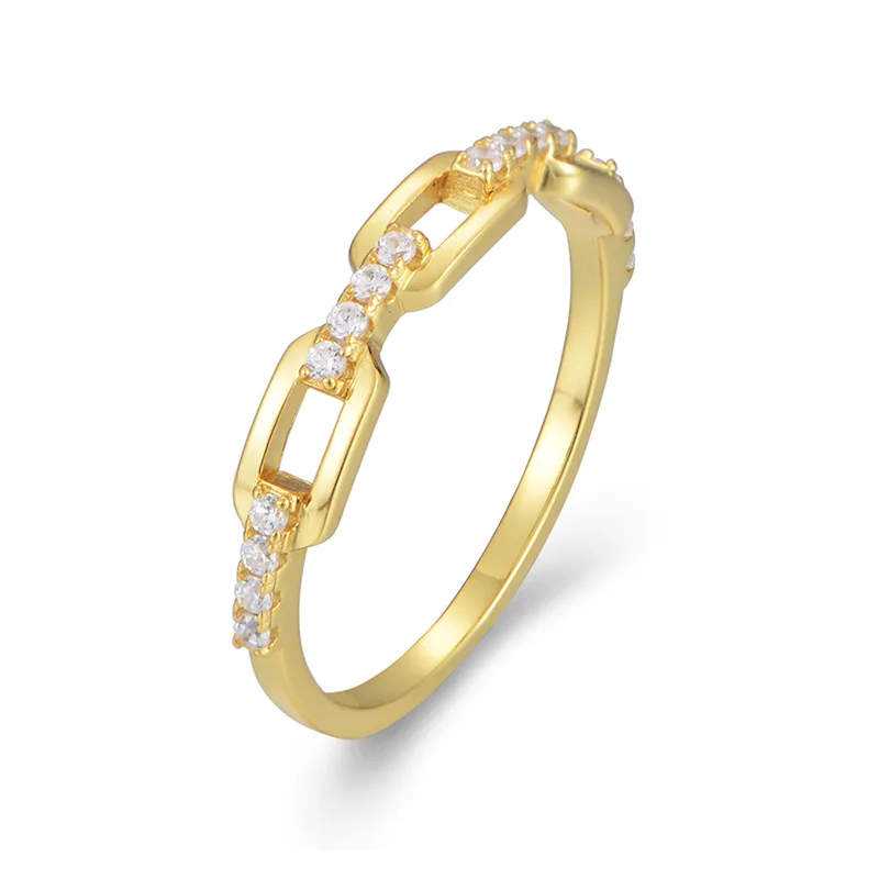 Gold chain-link ring with pavé cubic zirconia, minimalist geometric design handcrafted by Dorji Jewelry.