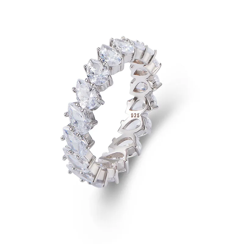 Sterling silver pear-cut cubic zirconia eternity ring, elegant 925 silver band with brilliant sparkle for statement style.