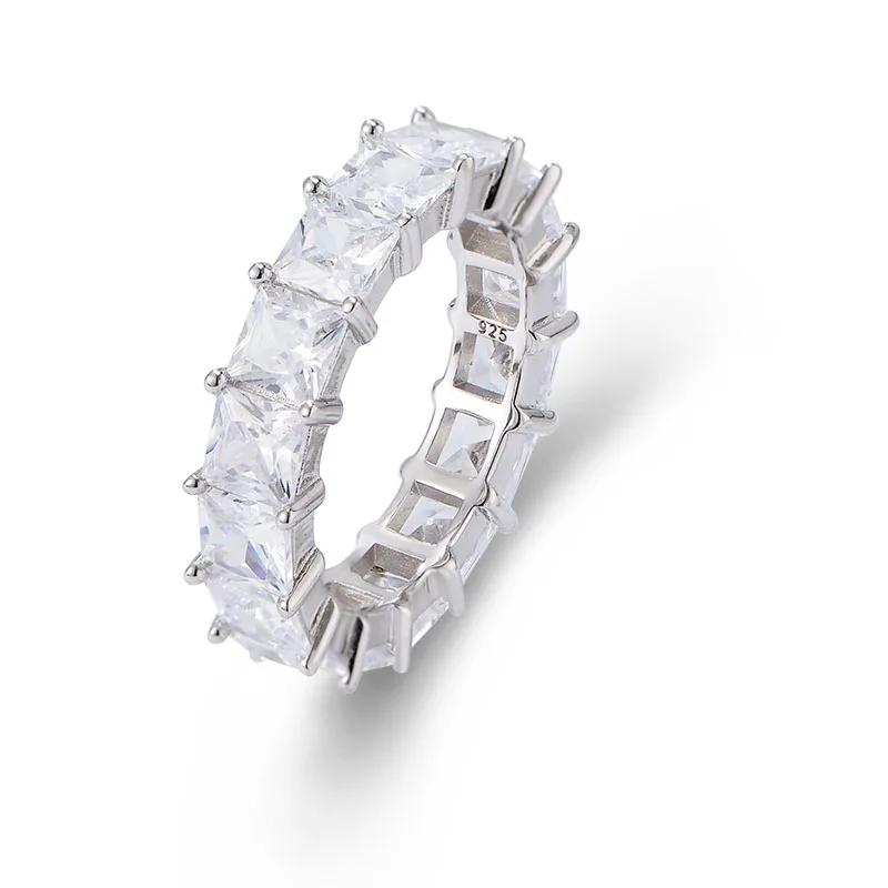 925 sterling silver square-cut cubic zirconia eternity ring, luxury statement band for modern minimalist style.