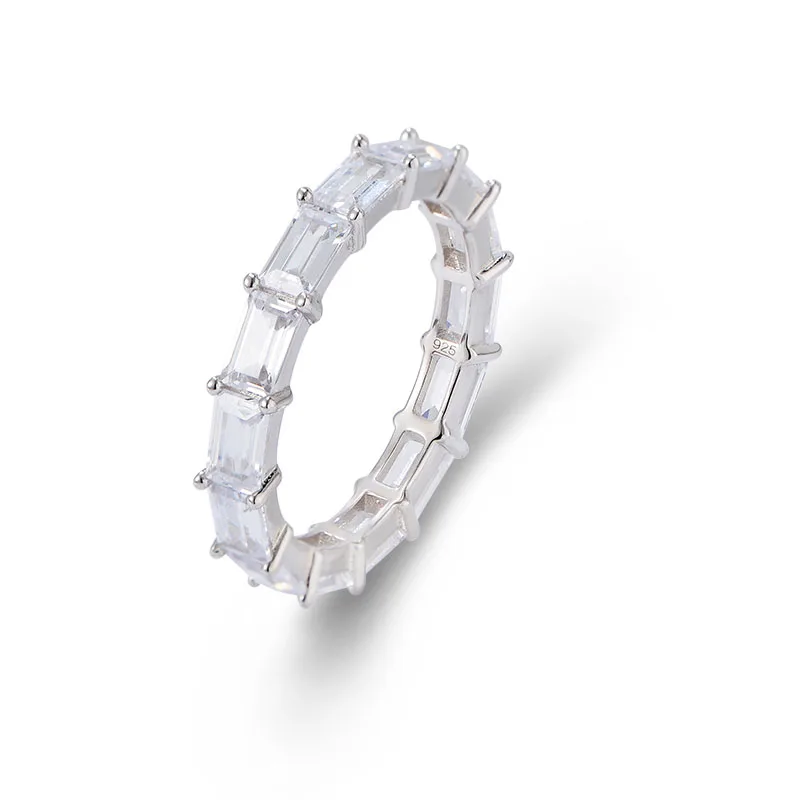 Sterling silver baguette eternity band with rectangular-cut cubic zirconia, minimalist and elegant stacking ring.