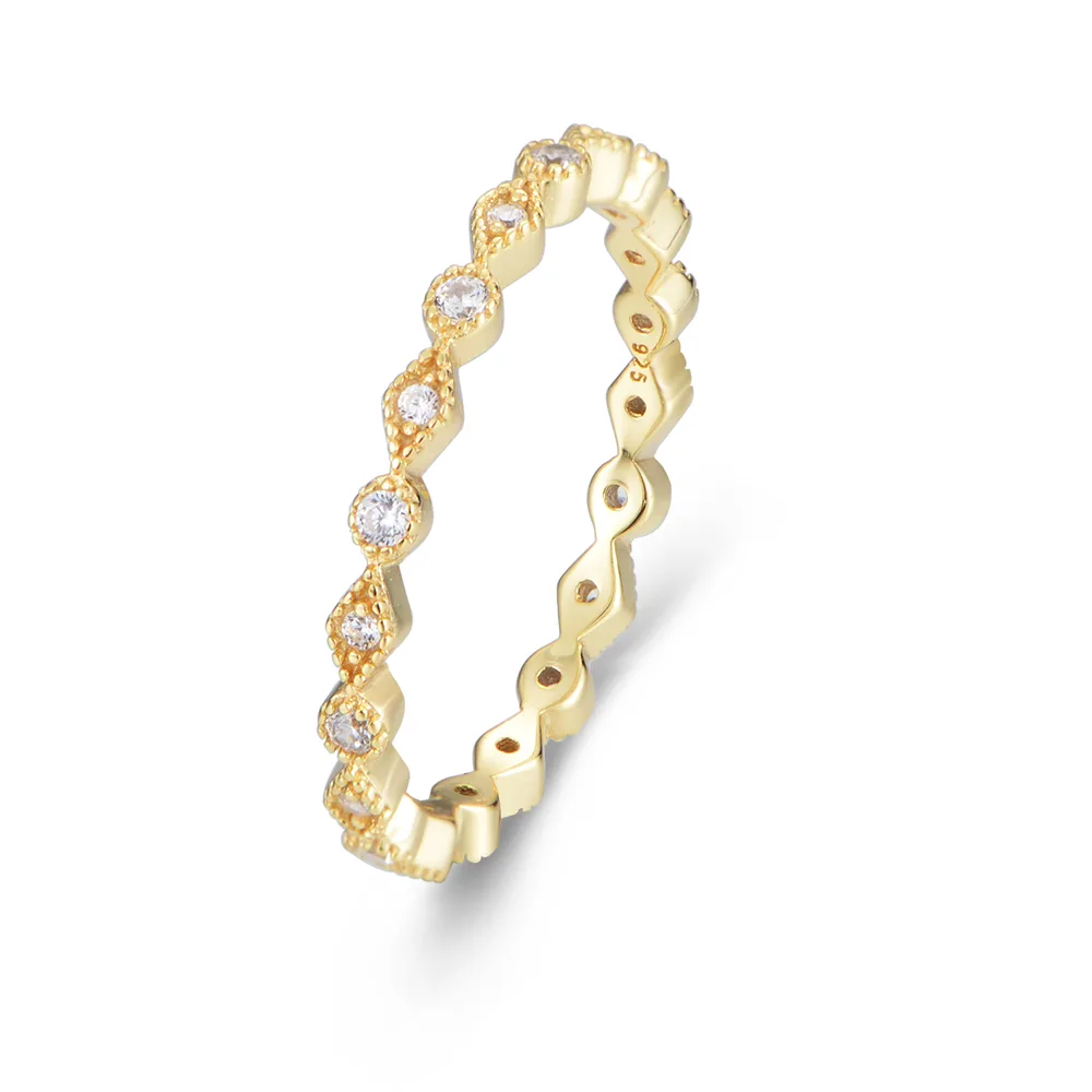 Geometric wave gold ring with round-cut cubic zirconia, milgrain edge details, vintage-inspired design by Dorji Jewelry.
